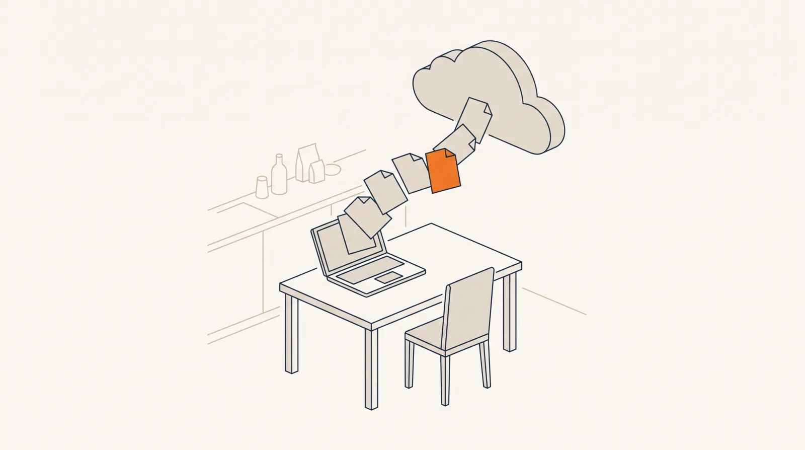 Un bureau de PME avec un ordinateur portable ouvert sur une fenêtre de discussion et des documents qui glissent vers l'écran