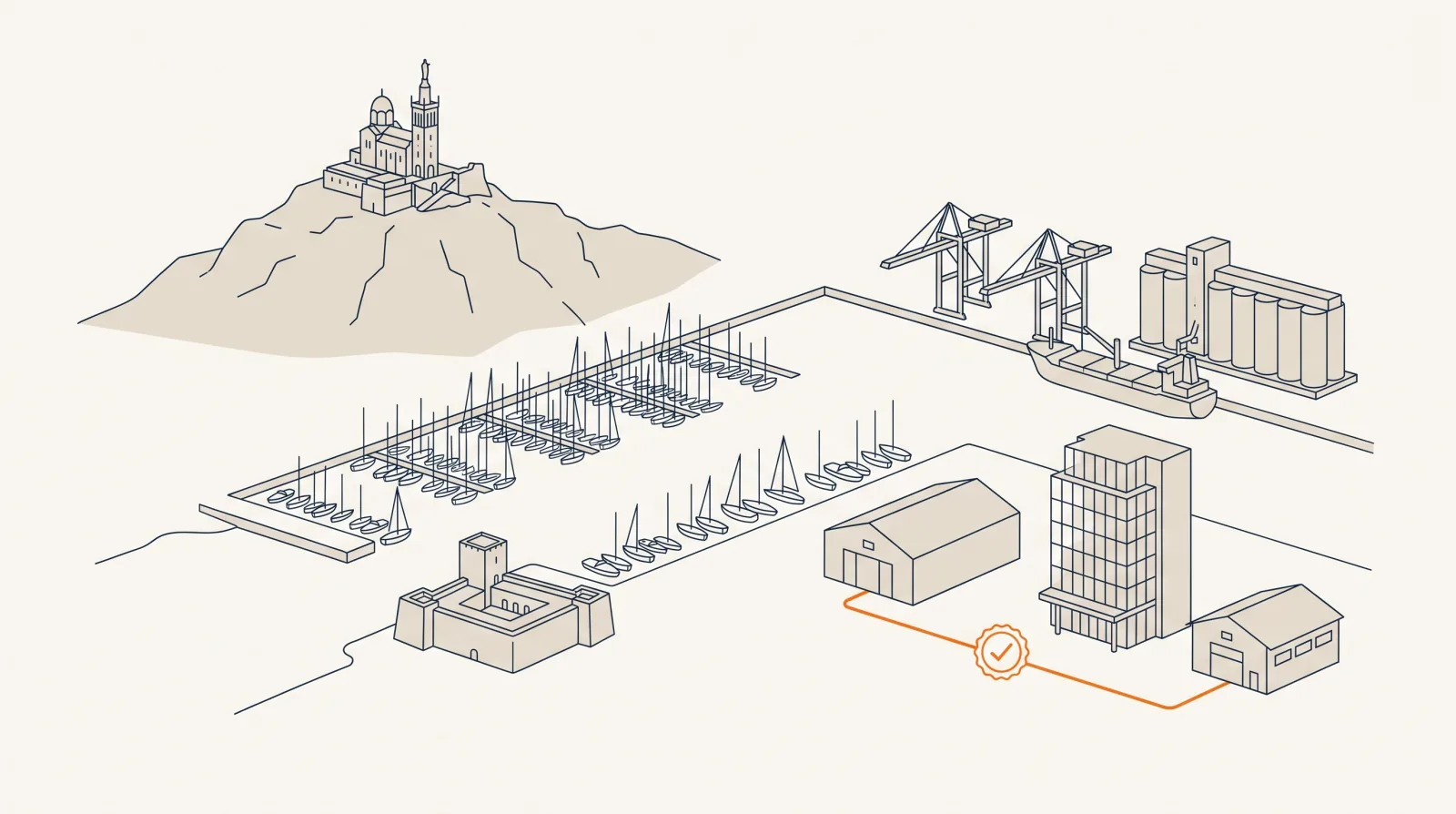 Le Vieux-Port de Marseille en isométrie, les mâts des bateaux, le fort Saint-Jean et Notre-Dame de la Garde, les grues et les silos de la Joliette, et trois bâtiments reliés par une ligne orange et un tampon de validation